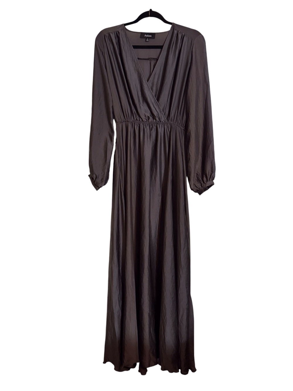 Aakaa Size Small Dark Gray Satin Maxi Dress Long Sleeve Boho Cocktail V-Neck